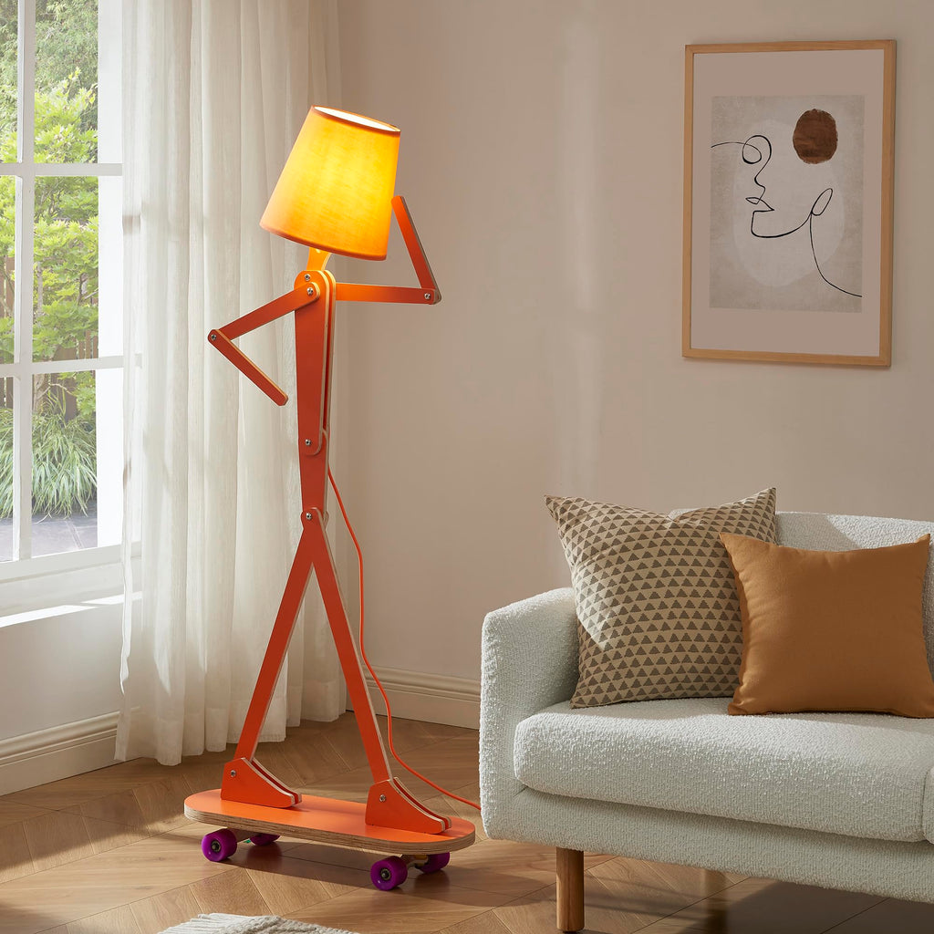 Cool Unique Wood Floor Lamp with Skateboard Base, Orange