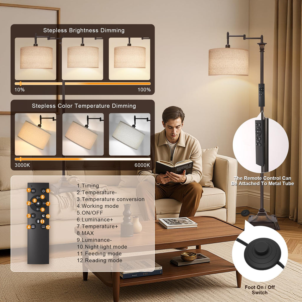 68" Tall Swing Arm Floor Lamp with Remote Bedroom