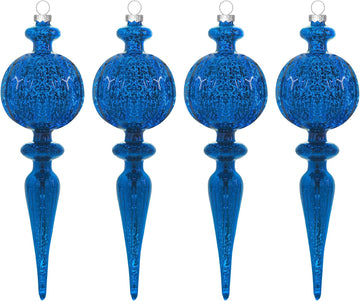 Finial Mercury Glass Christmas Ornaments Blue 4pcs 8-Inch Large Hanging Christmas Tree Decorations for Xmas Tree