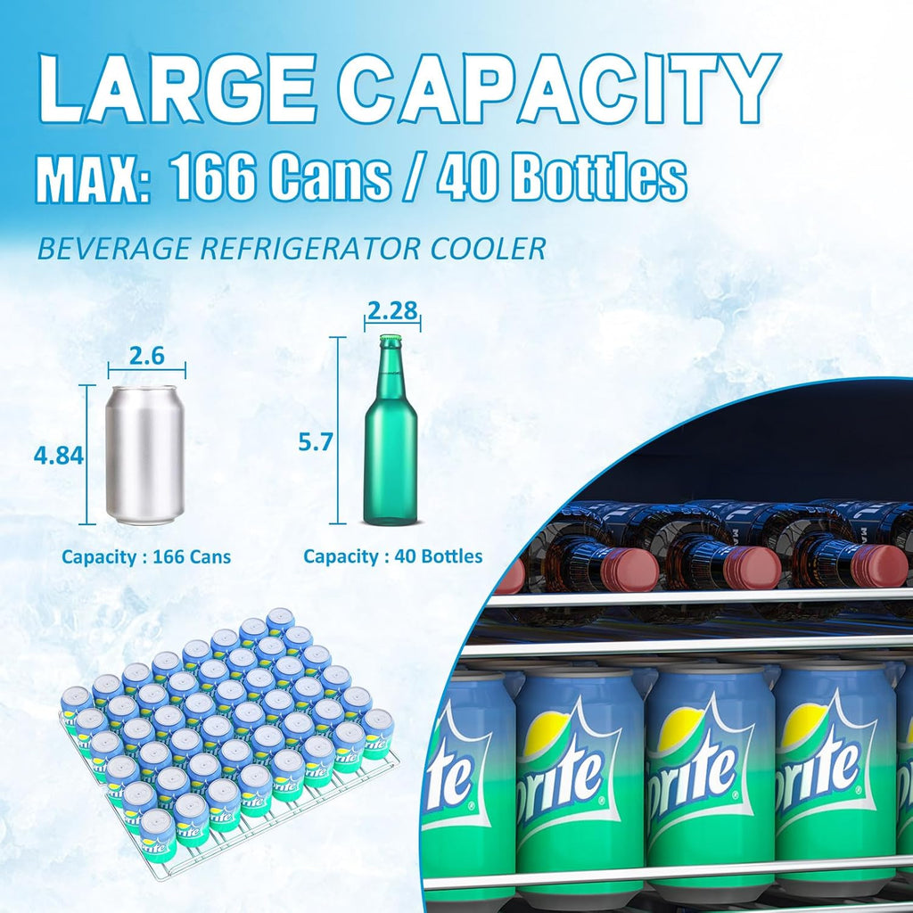 24 inch Beverage Refrigerator Cooler, 5.3 Cubic/166 Can Large Fridge with Glass 
