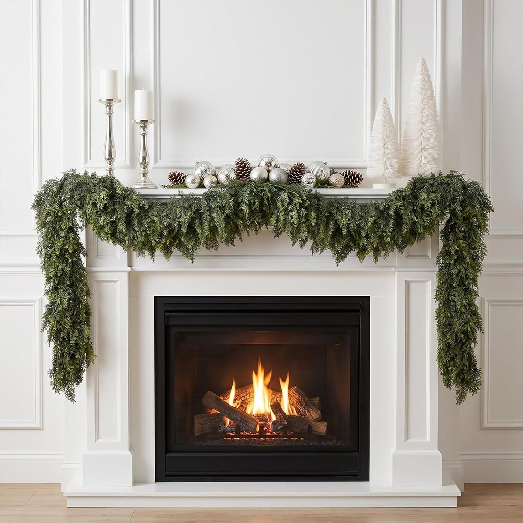 9FT Artificial Cedar Garlands, Real Touch Soft Cedar Pine Garland, Winter Artificial Greenery Garland for Fireplace