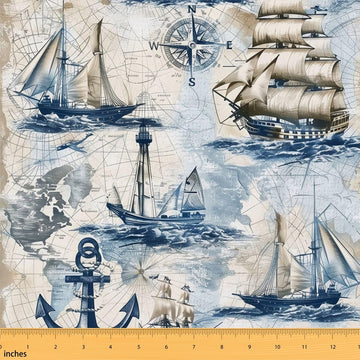 Nautical Fabric by The Yard, Vintage Anchor Ocean