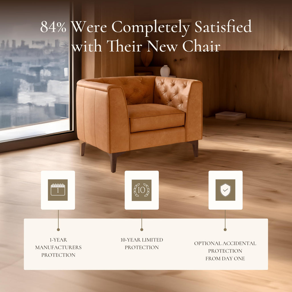 & BARK Essex 40" Lounge Chairs Set of 2 - Cognac Tan Full-Grain Pure-Aniline or Semi-Aniline Italian Leather, Tufted