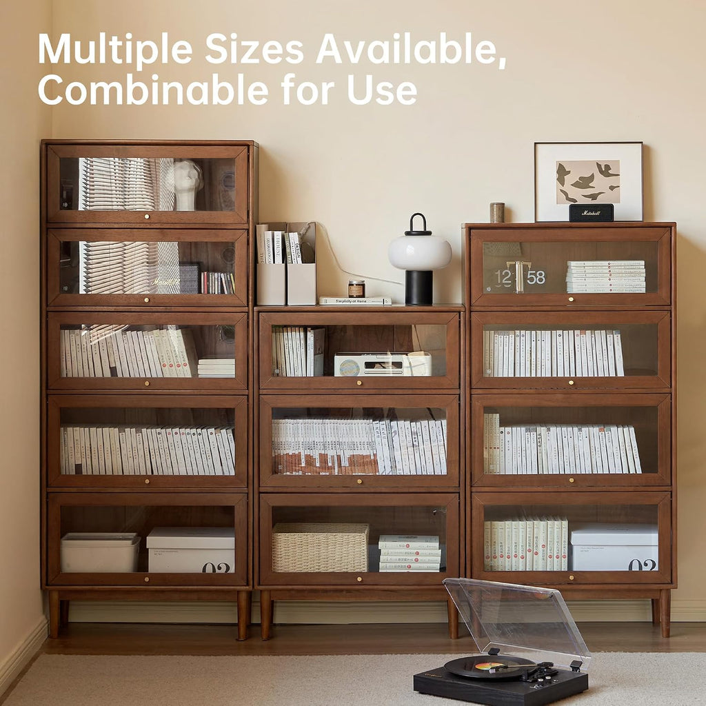 Solid Wood Bookshelf with Glass Flip-Up Doors, Vintage Display Cabinet, Solid Rubber Wood Combination Bookcase
