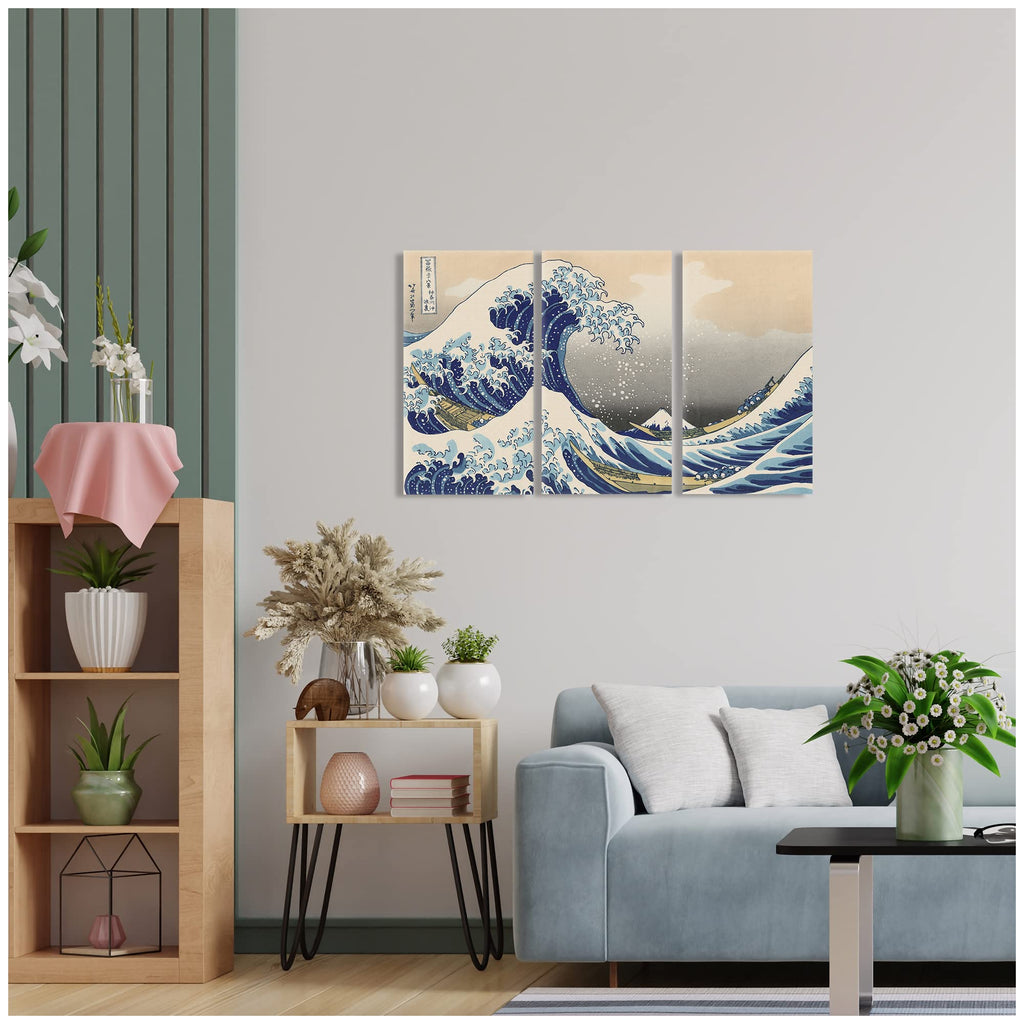 The Great Wave Off Kanagawa by Hokusai Cultural Historic 3 Panel wall Art Decorations Giclee Print On Canvas
