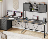 L Shaped Gaming Desk, Reversible Computer Desk with Fabric Drawers and Power Outlet, Gaming Desk with Led Lights
