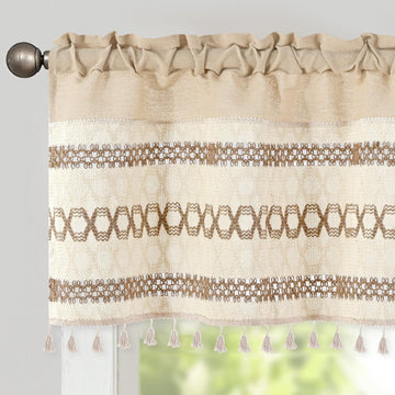 Farmhouse Valance for Windows Linen Valance Boho Crochet Short Curtain with Tassel Country Kitchen Curtain Light
