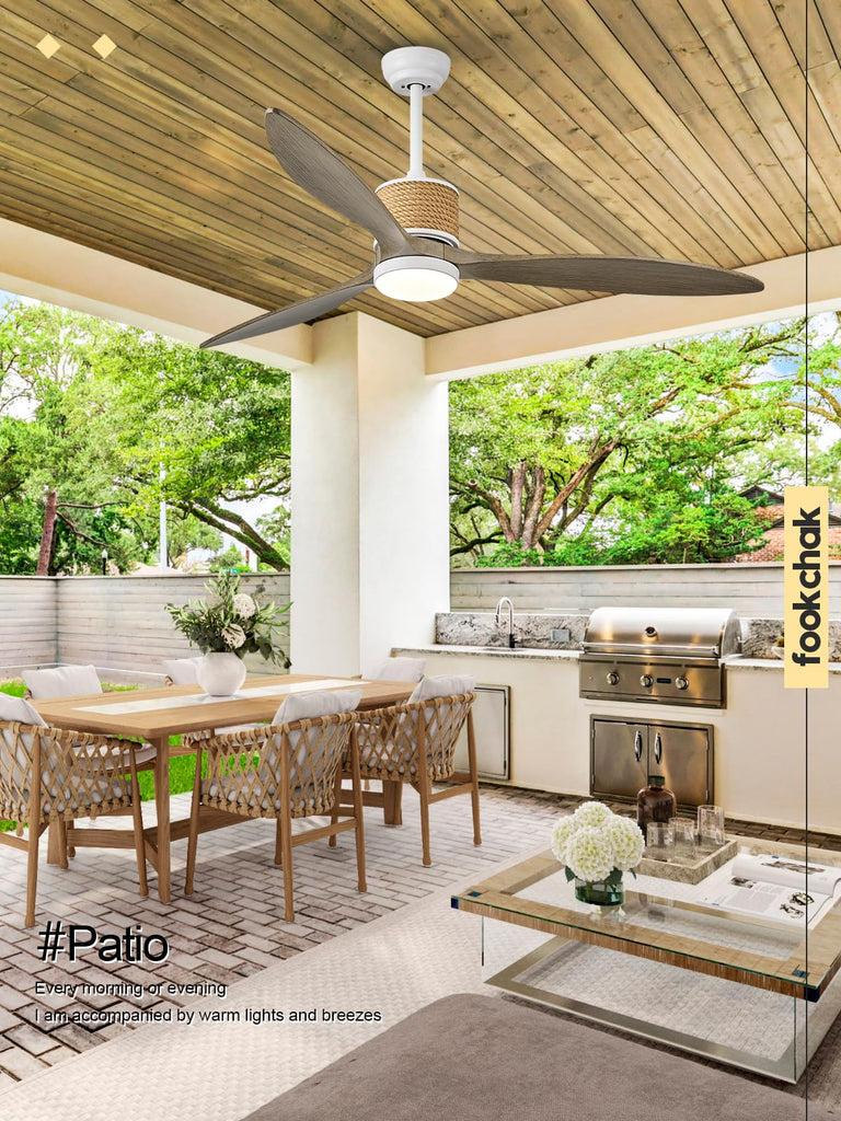 60in Boho White Ceiling Fan Lights with Remote Control 3 Blade Hemp Rope Ceiling Fans with Light Coastal Weathered
