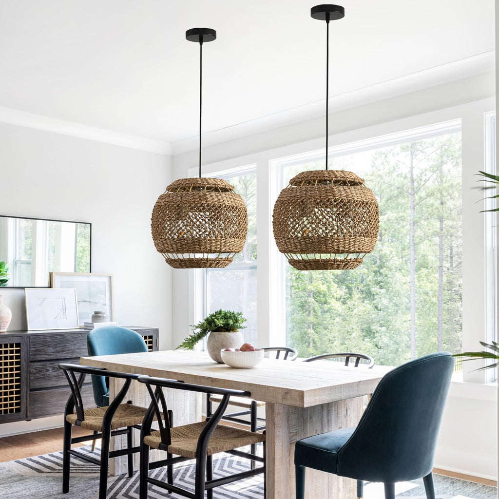 13.8" Woven Rattan Pendant Light, Wicker Hanging Light