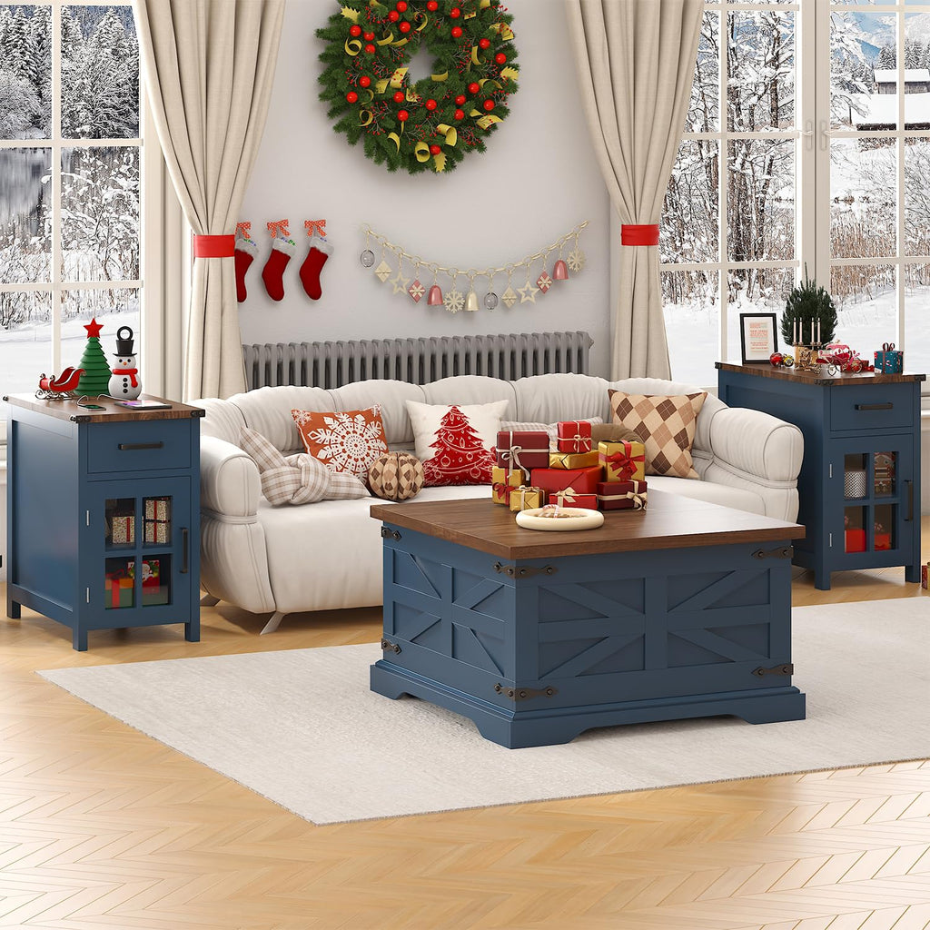 Blue Coffee Table with Storage, Farmhouse Square Center Table with Walnut Top, Hinged Lift Soft Close, Large Hidden