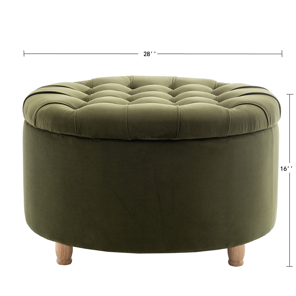 Classic 28-Inch Wide Button Tufted Round Storage Ottoman Footstool with Lift Off Lid, Sage Green Velvet