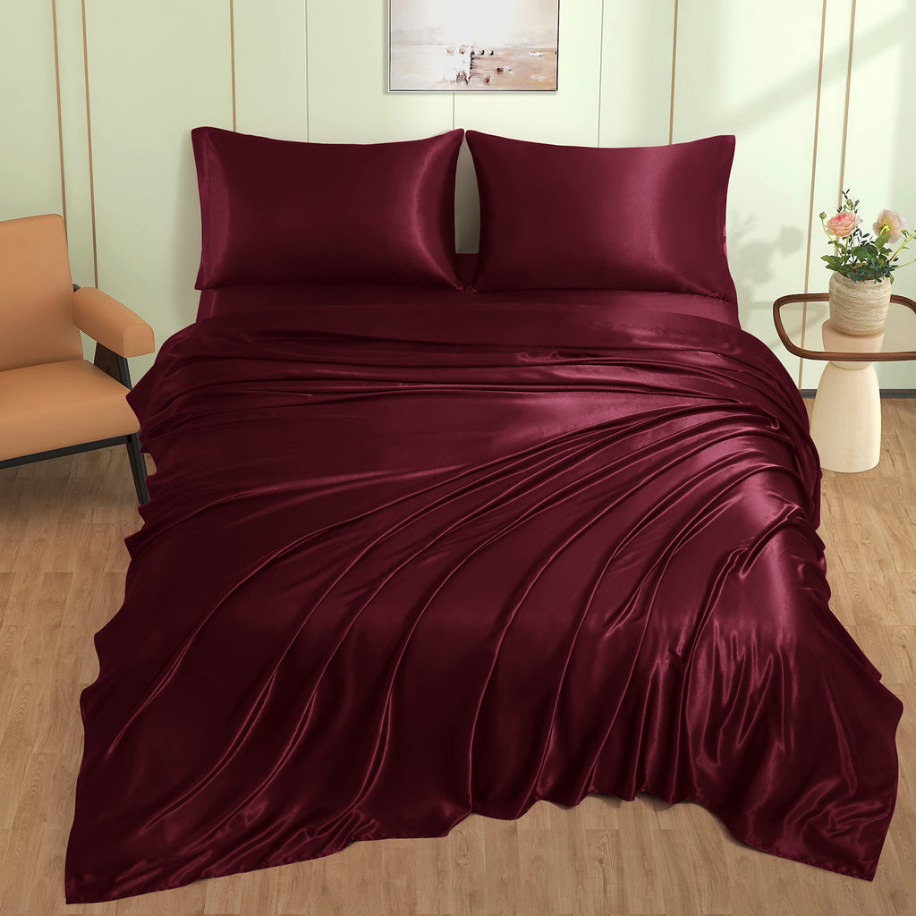 4pcs Burgundy Satin Sheets Queen Set, 15-Inch Deep Pocket
