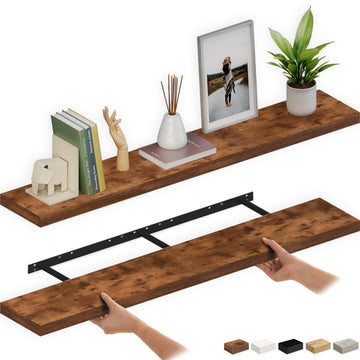 Floating Shelves for Wall, 60" Wood Wall Shelf Set of 2, with Invisible Brackets, 8" Deep, Rustic Brown