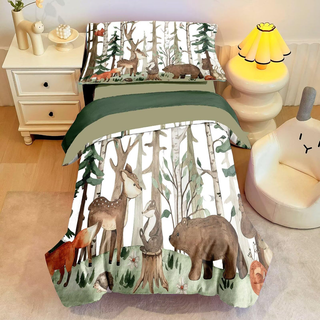 4 Pieces Woodland Animal Toddler Bedding Set, Forest Deer Bear Fox Bed Comforter Set for Boys Girls, Cute Toddler Bed