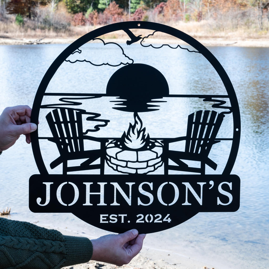 Custom Metal Campfire Outdoor Last Name Established Sign | Cabin Decor