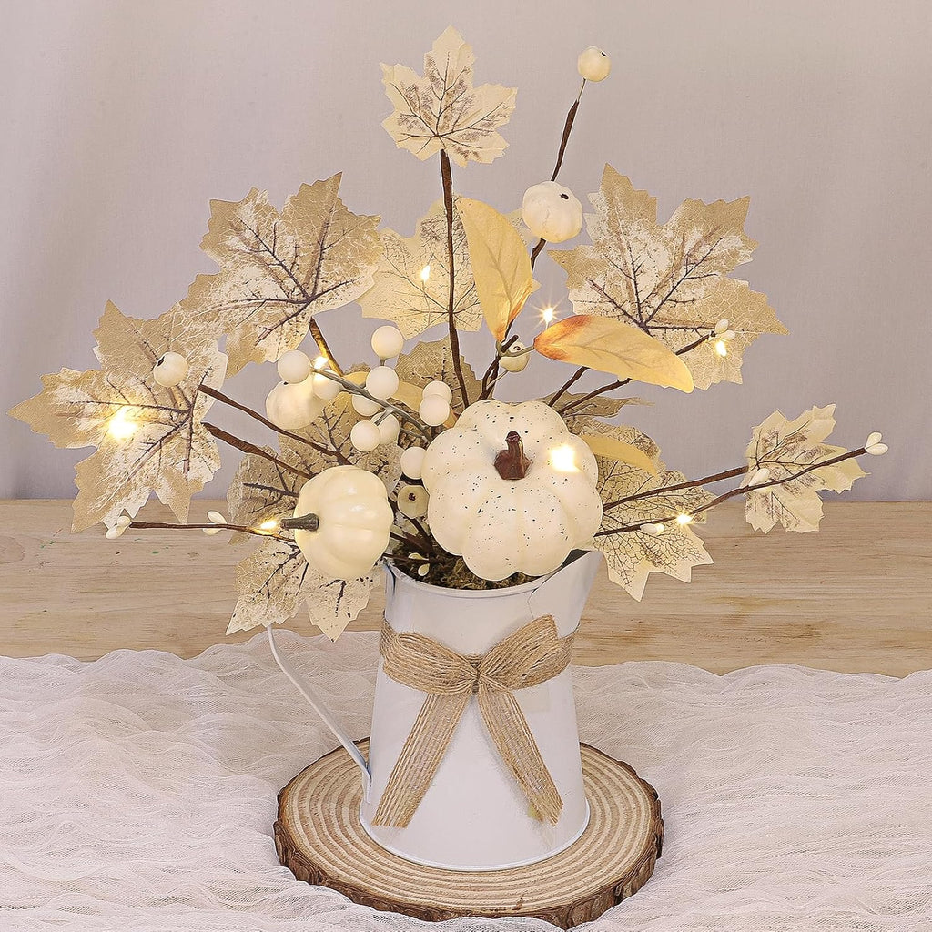 [Light & Timer] Fall Decor Table Centerpiece Potted White Maple Arrangement in Metal Pitcher Neutral Rustic