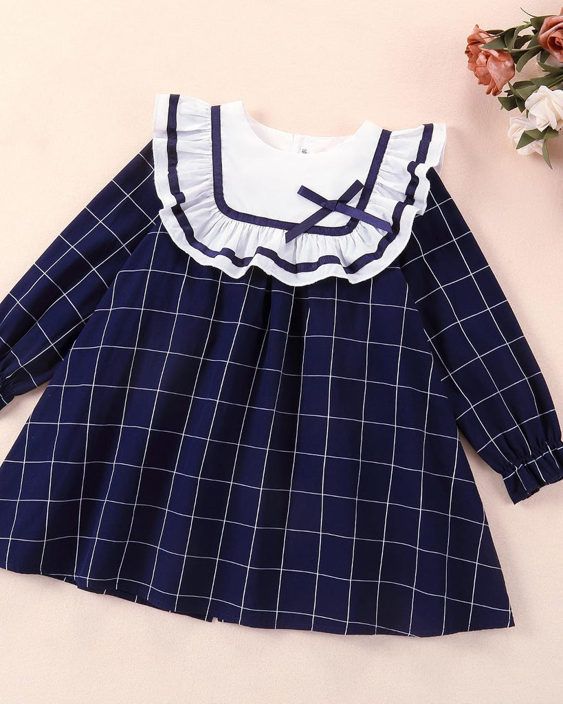 Toddler Girls Vintage Plaid Dress | Soft Cotton Princess Ruffle Dress with Bow | Long Sleeve Fall Heirloom Outfit