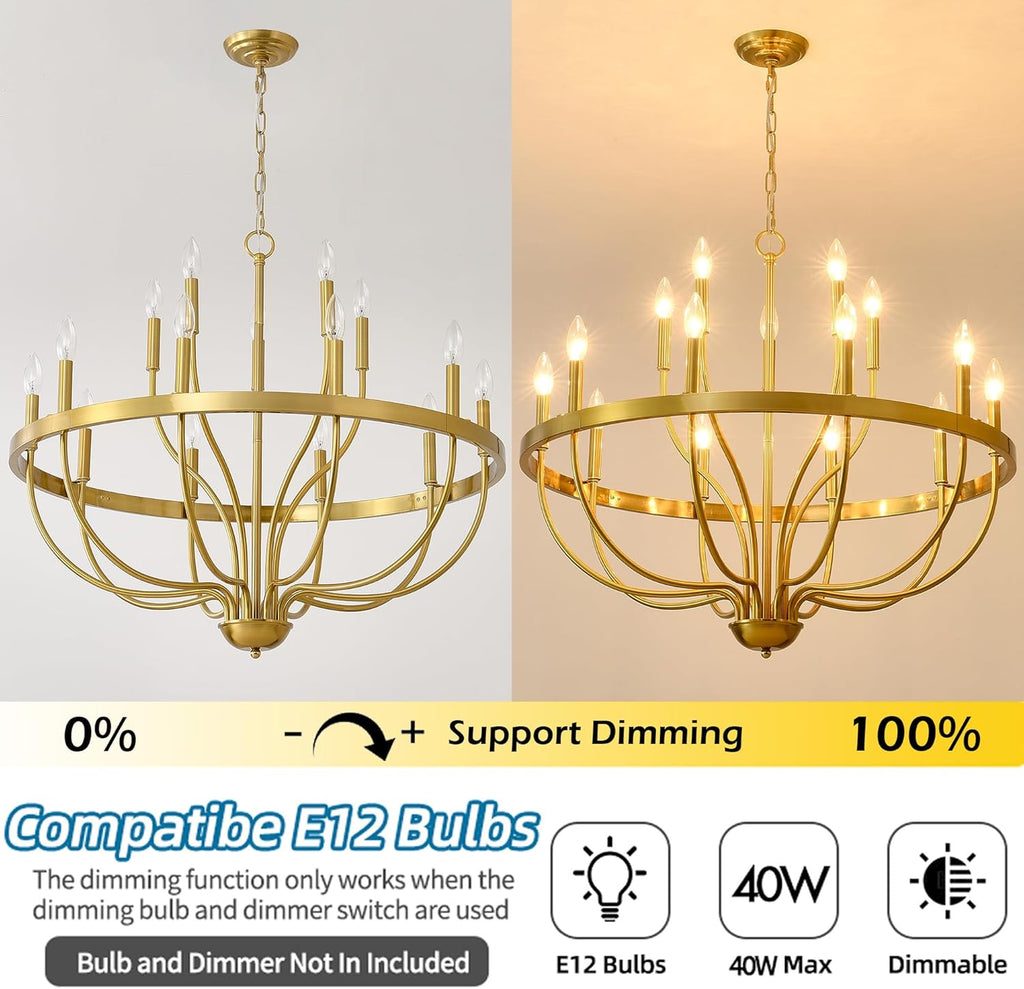 Gold Chandelier 15-Light Candle Chandelier Modern Farmhouse Pendant Lighting Fixture for Dining Room Bedroom Living Room Kitchen Island Foyer Entryway E12 Bulb Vintage Golden Ceiling Light A109-B0F98W9YF6