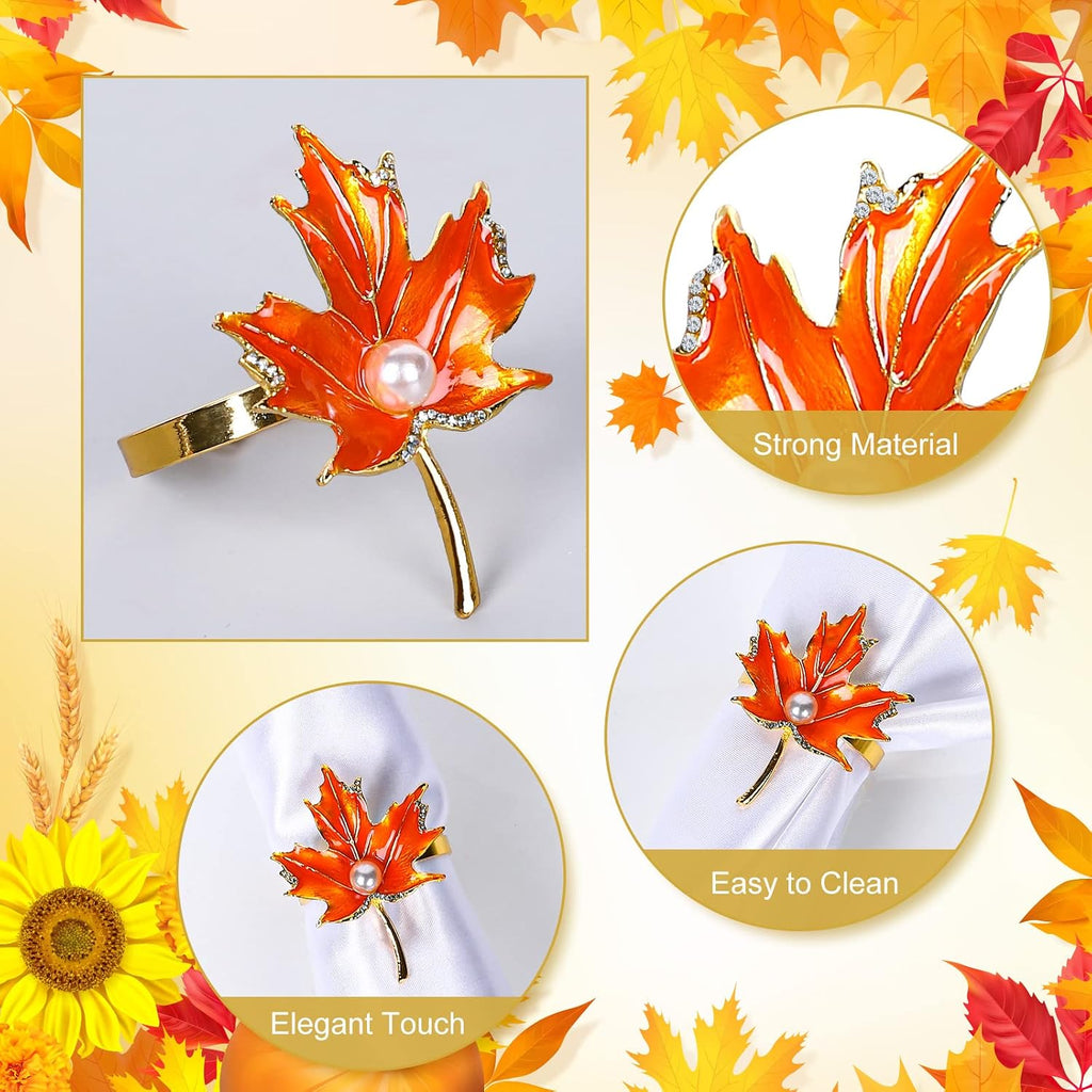 Maple Leaves Napkin Ring Holders Fall Thanksgiving Autumn Leaf Napkin Buckle with Faux Pearl Metal Dinner Table - Set of 8