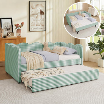 Twin Size Gingham Daybed with Trundle, Upholstered Linen Day Bed Frame with USB Ports & Wave-Shaped Backrest, Modern