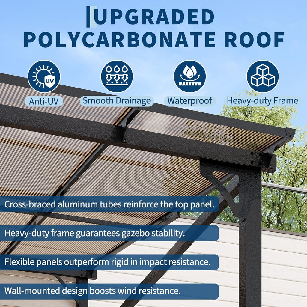 10x12ft Lean to Gazebo with Polycarbonate Hardtop Roof