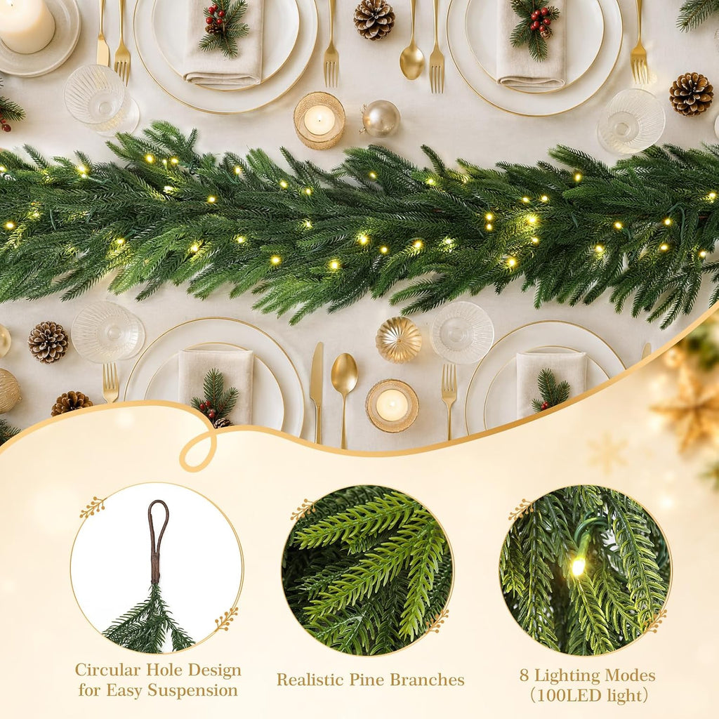15FT Christmas Norfolk Pine Pre-Lit Garland with 125 LED Lights Real Touch Prelit Garland Christmas Greenery Garland