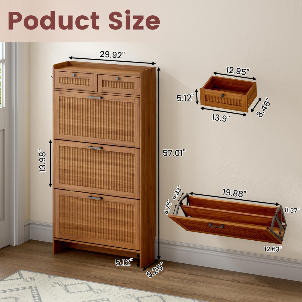 Fluted Shoe Cabinet, 3 Flip & 2 Top Drawers, Walnut