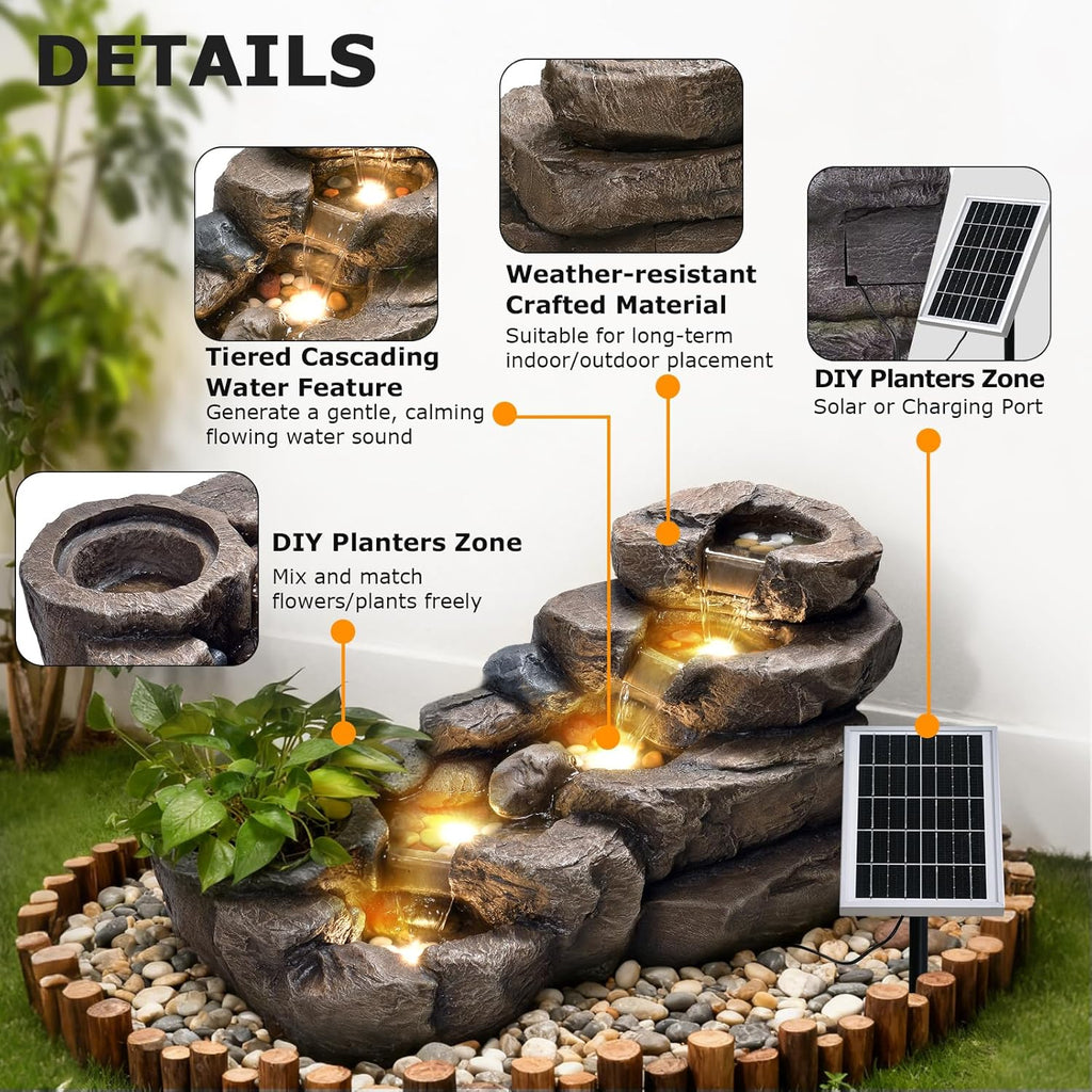 38.2" L Solar Water Fountain Outdoor,5-Tier Rock Waterfall Fountains Solar Powered Floor Standing Outdoor Water