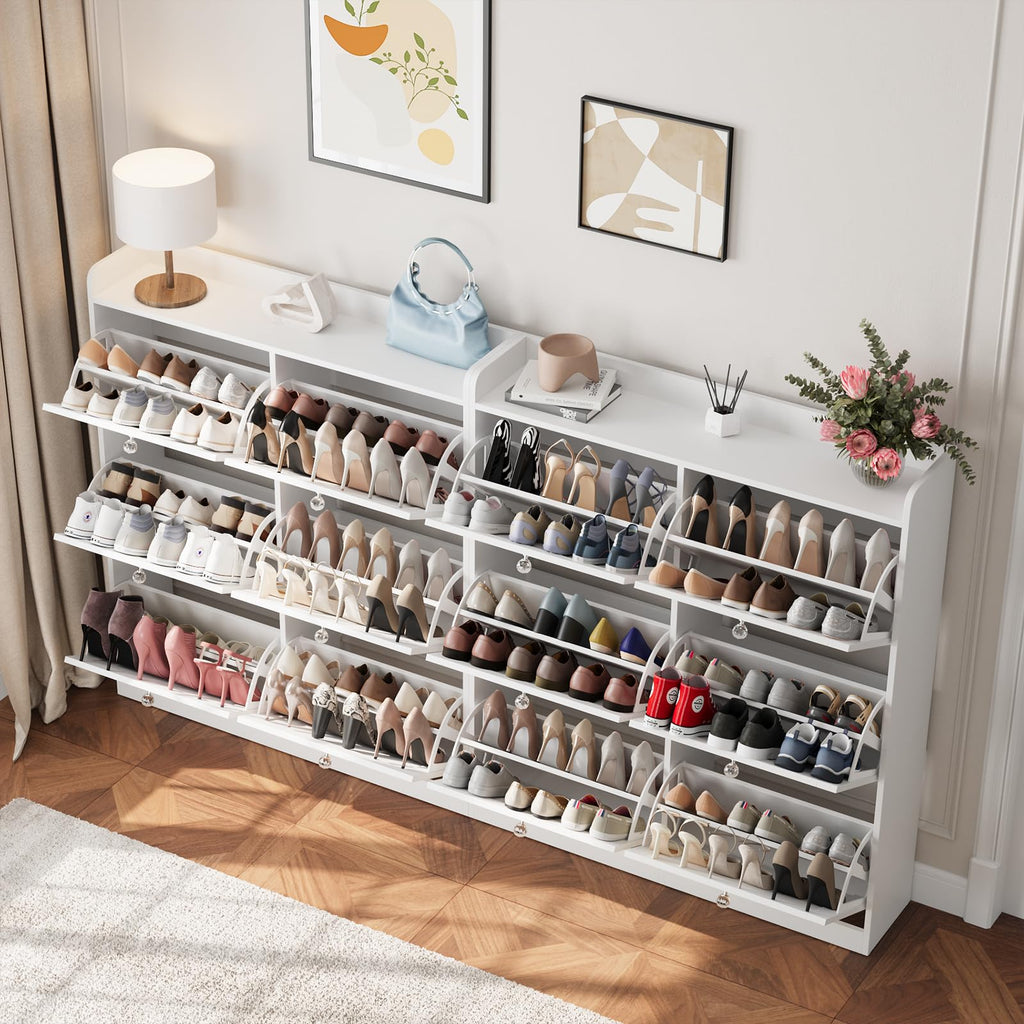 Large Shoe Storage Cabinet with 6 Flip Drawers, Freestanding Shoe Organizer with Open Storage & Crystal Handle, Slim