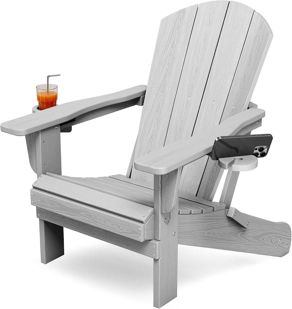 Folding Adirondack Chair with 2 Cup Holders, Silver Grey | HDPE Composite | Waterproof | Wood Grain | Hidden Cup &