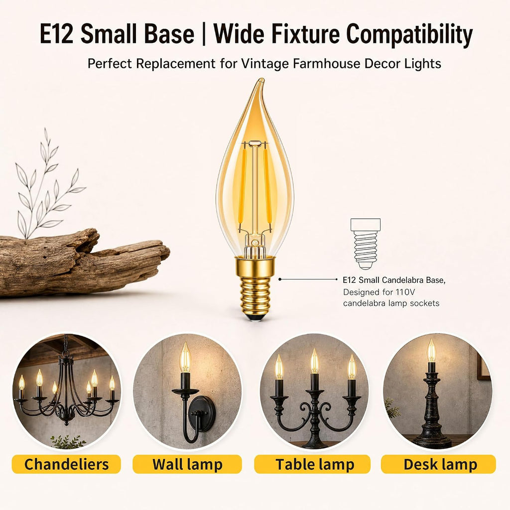 CA10 E12 LED Candelabra Light Bulbs 25W Equiv.Amber,2200K,200LM