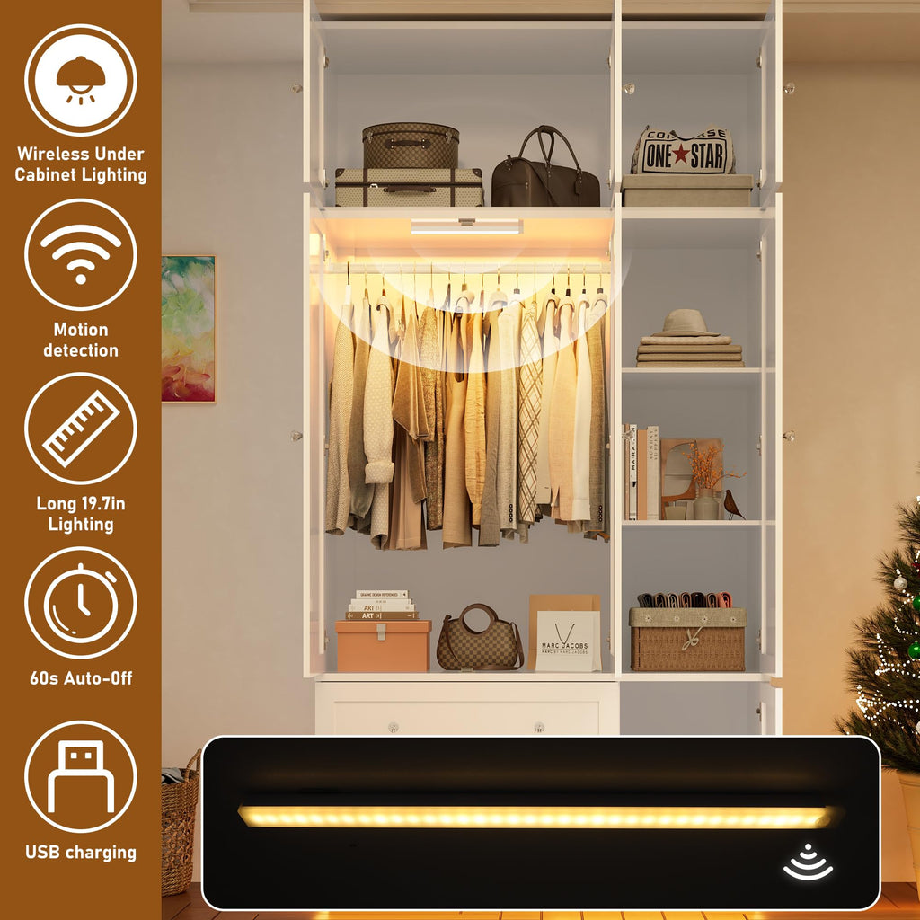 92.2" Tall Armoire Wardrobe Closet with Mirror & Motion Sensor Light, Large Storage Cabinet with 2 Drawers, Hanging
