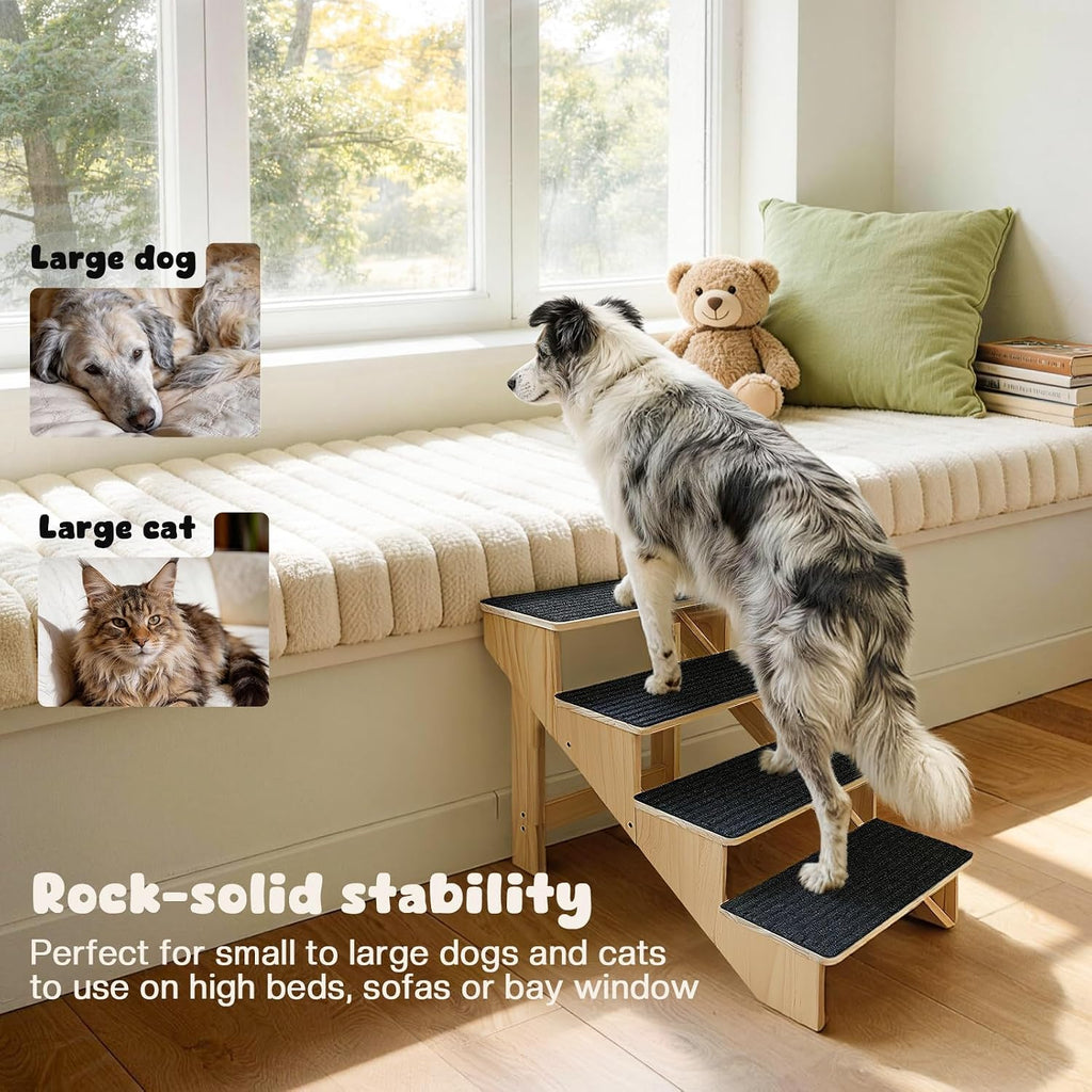 4-Step Dog Stairs for Large Dogs, Solid Wooden Dog Steps for Beds/Couch with Carpet, 19 Inches Anti-Slip Pet Stairs