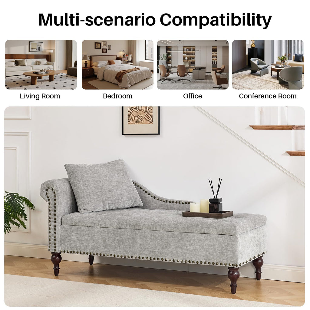 Velvet Chaise Lounge with Storage & Left Armrest, Gray