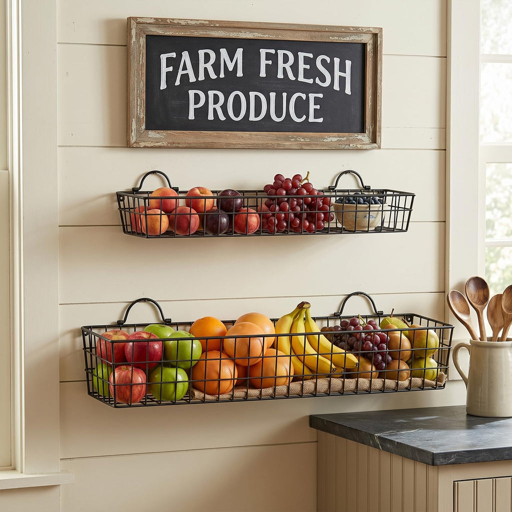 2pcs 30-Inch Wire Baskets for Storage and Organization, Rustic Black Wall Mounted Metal Display Racks
