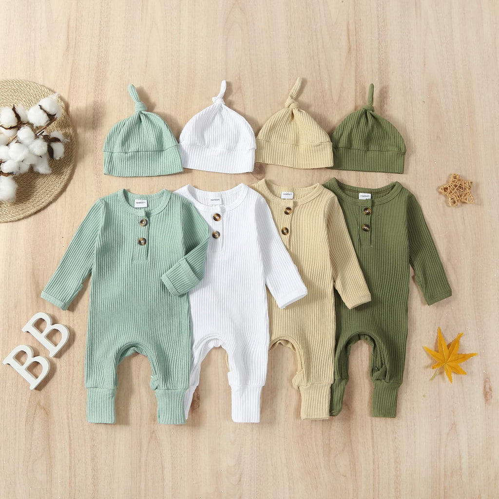 Newborn Baby Boy Knit jumpsuit Ribbbed Romper Newborn Coming Home Outfit Infant Fall Winter Clothes with Hat (Cute