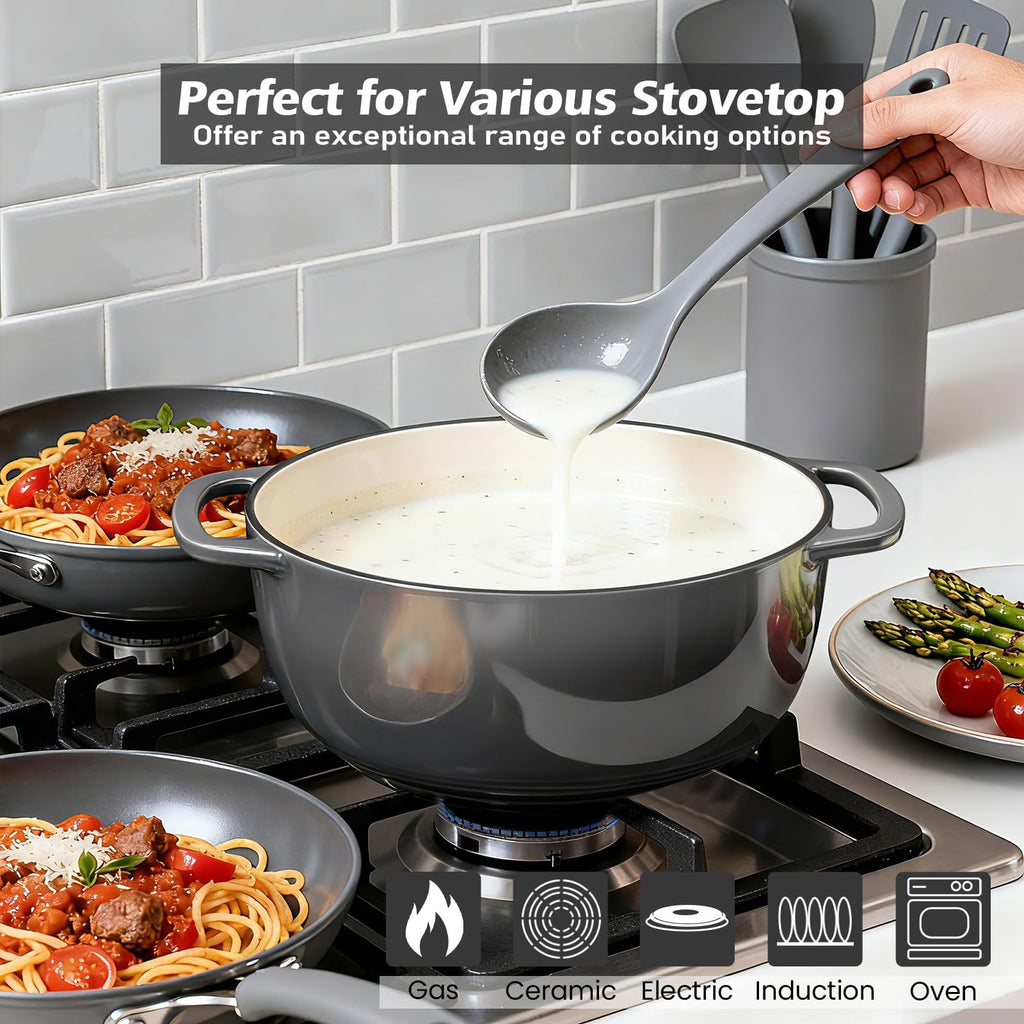 Enameled Cast Iron Dutch Oven - 6QT Pot with Lid & Cotton Potholders - Dual Handles -Versatile Heavy Duty Cookware
