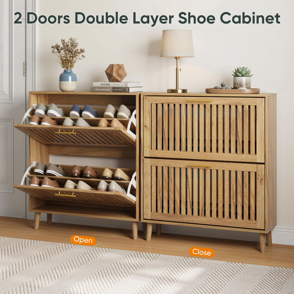 Shoe Storage Cabinet with 2 Flip Slatted Drawers, Narrow Freestanding Shoe Cabinet with Gold Handle, Hidden Entryway