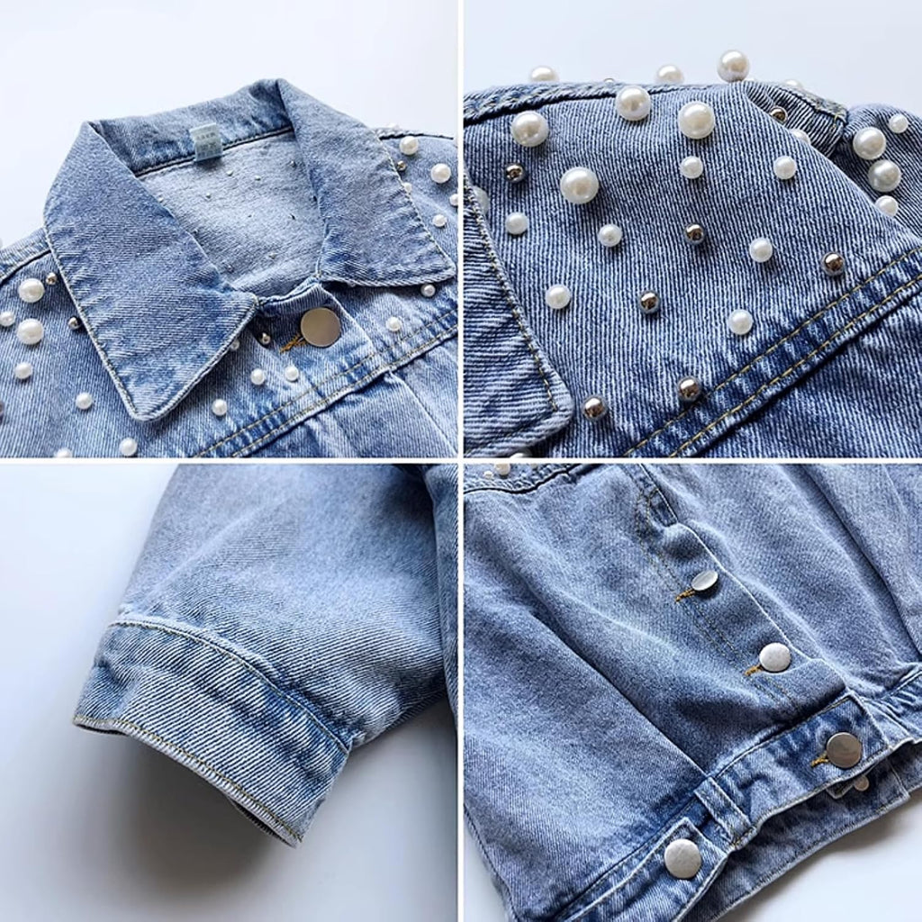 Girls Pearl Jean Jacket Toddler Denim Jacket Kids Button Down Denim Top Coat Embroidered Outwear