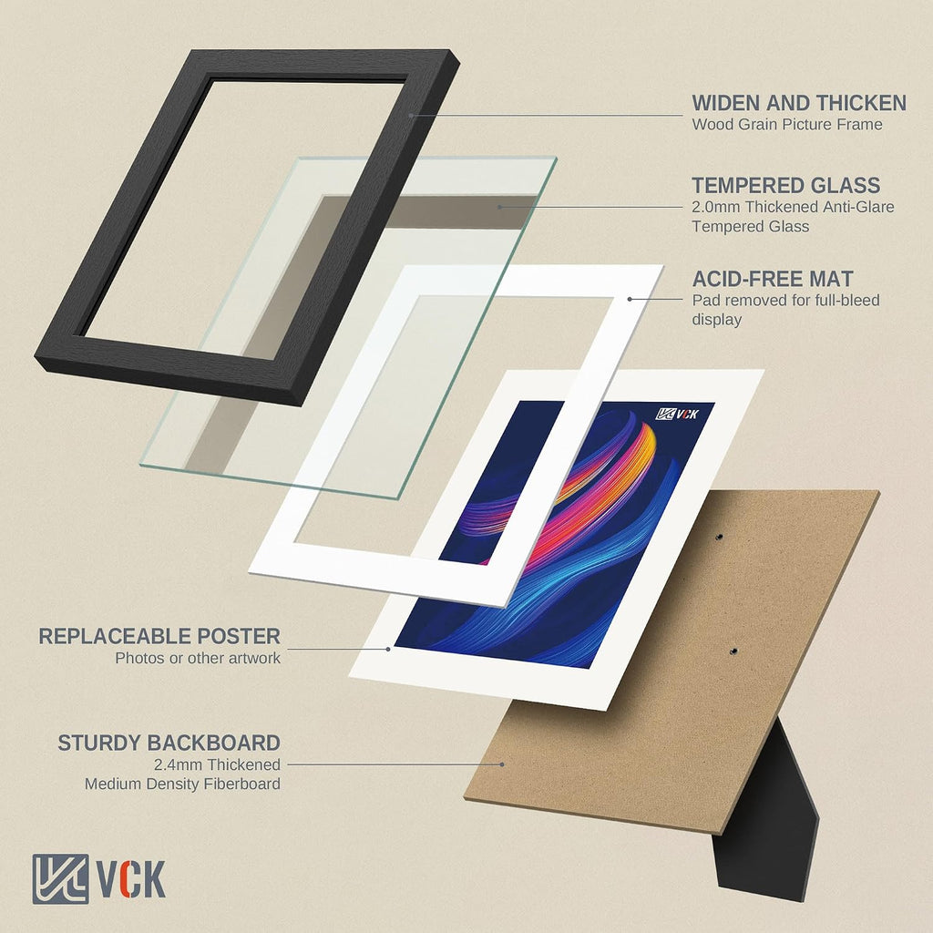 8x10 Picture Frame Black - 5 Pack, with Tempered Glass, Displays 5x7 Photo with Mat or 8 x 10 Without, for