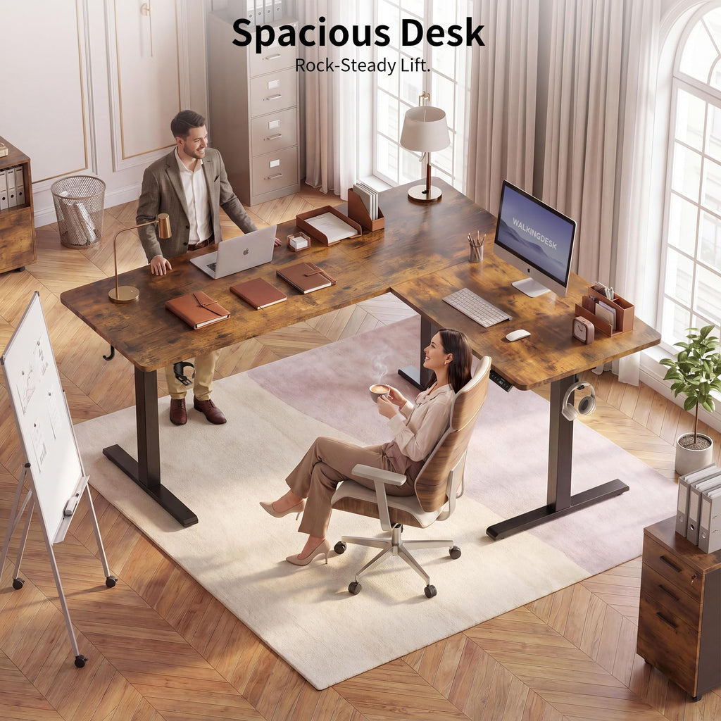 63X55 Inches Reversible L Shaped Standing Desk Height Adjustable with Cup Holder, Electric Corner Computer Desk, Sit