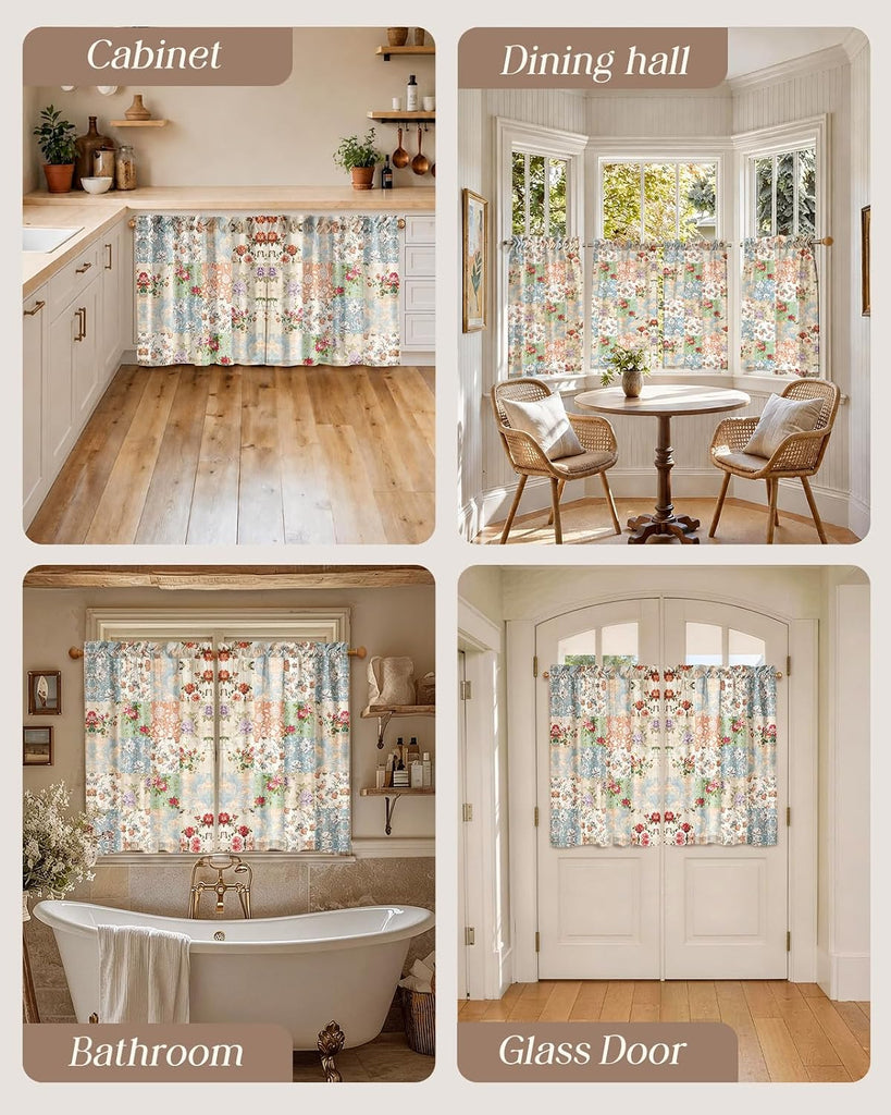 Boho Kitchen Curtains - 36 Inch Length Linen Blend Vintage Floral Cafe Curtains Country Tier Curtain Short Drapes Rod