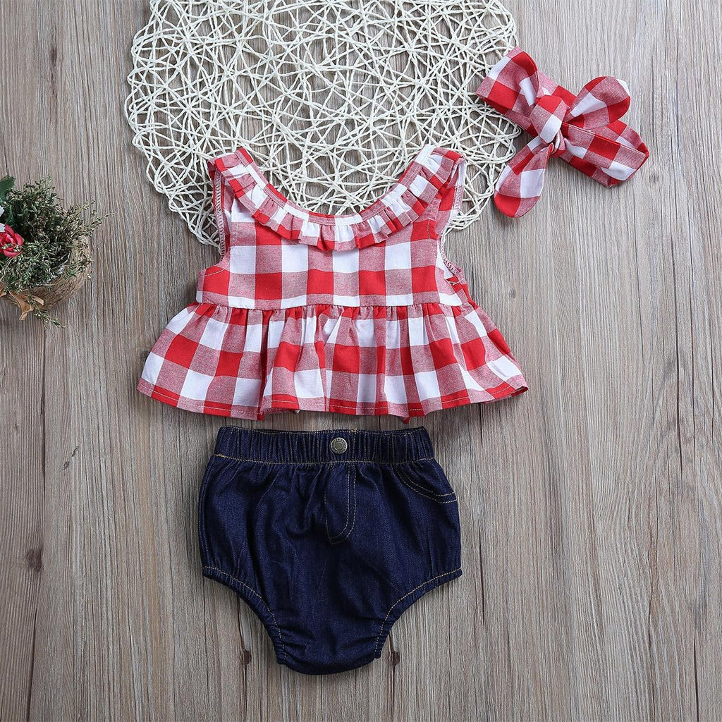 Baby Girl Ruffles Plaid Tunic Tops + Denim Bloomers + Headband 3PCS Sets
