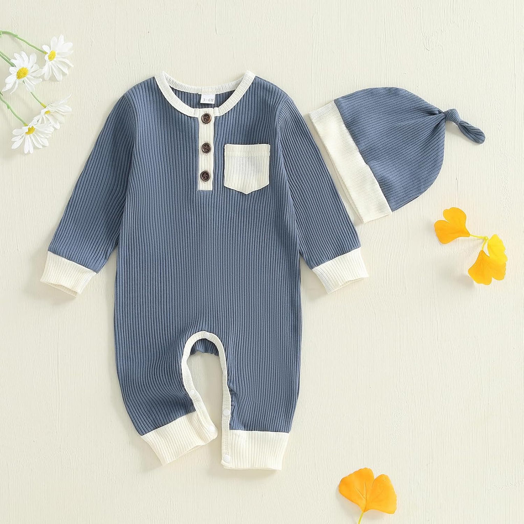 Baby Boy Ribbed Knit Clothes Long Sleeve Henley Romper Jumpsuit
