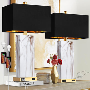 Touch Control Table Lamps Set of 2, Modern Contemporary Bedside Lamp with 2 USB Ports 1 AC Outlet, 3-Way Dimmable