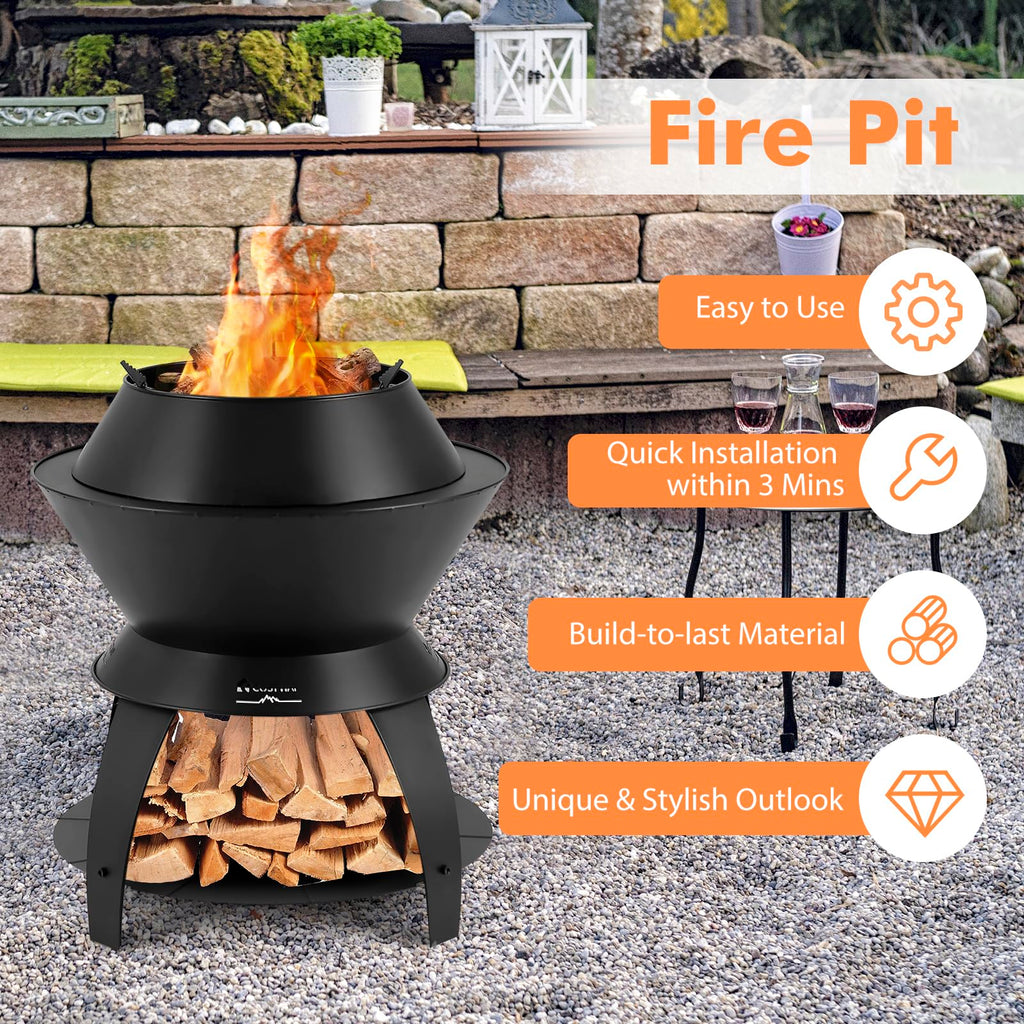 3-in-1 Outdoor Fire Pit, 20" Wood Burning Fire Pits with Removable Wok Ring, Ash Pan & Storage Shelf, Oxygen-Enriched