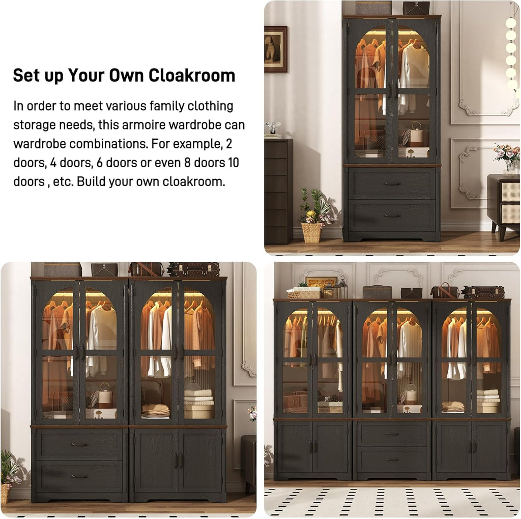 Tall Farmhouse 4 Doors Armoire Wardrobe Closet with LED ,72" Freestanding Arched Wardrobe Closet Cabinet w Glass