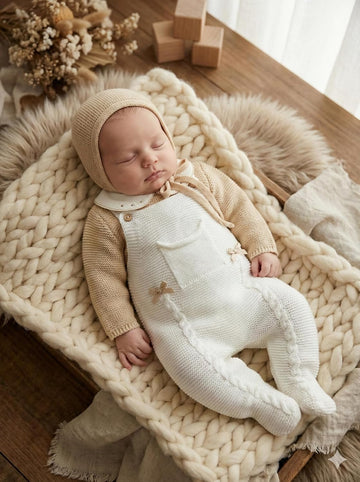 Piece Baby Outfit Set Knitted Infant Romper Long Sleeve Sweater Hat Overalls Boys Girls - Made in Spain