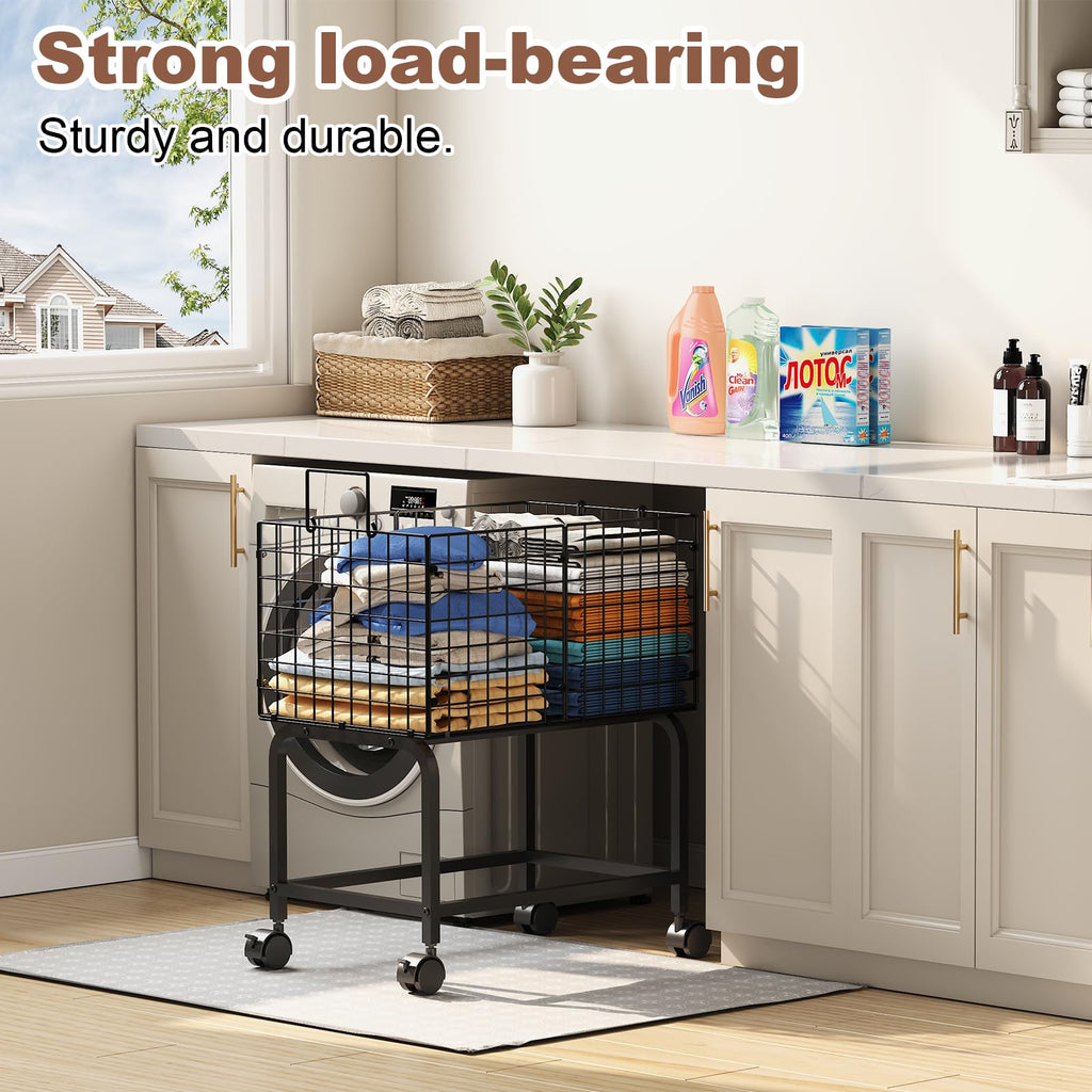 Wire Laundry Hamper Cart,Rolling Laundry Carts with Pull Handle,Black Tall Laundry Basket,Commercial Wire Laundry