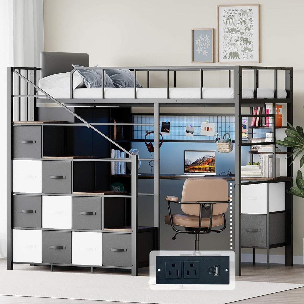 Twin Loft Bed with Desk, Stairs & LED Light, Metal Gaming Loft Bed Frame with Headboard, Safety Guardrail